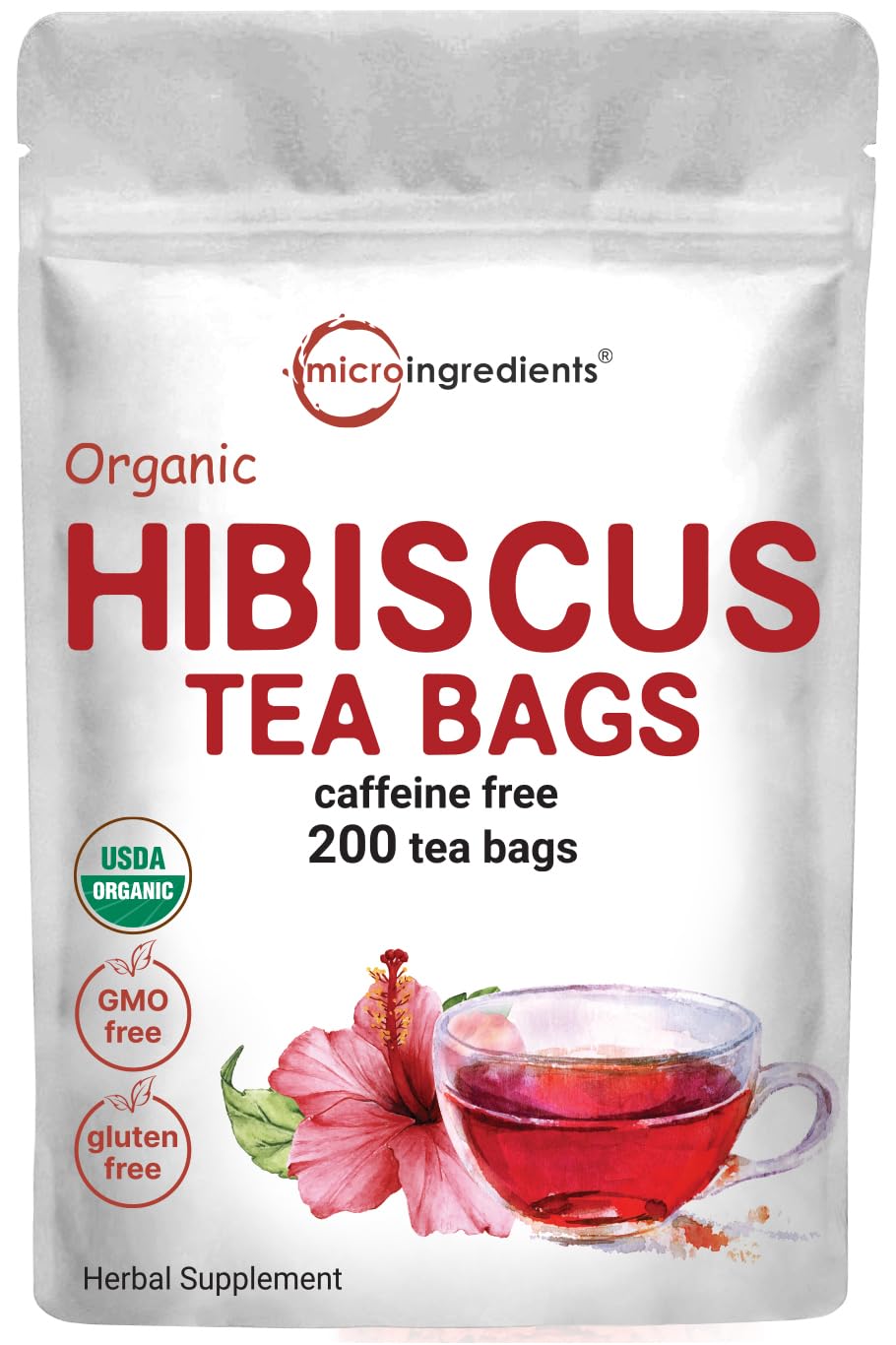 Micro Ingredients Organic Hibiscus Tea Bags, 200 Count | Premium Source for Herbal Tea | Eco-Friendly Hemp Paper Tea Bags | Caffeine Free, Non-GMO, No Sugar